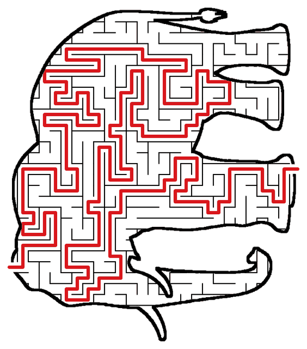Solved Elephant maze, the way through marked in red