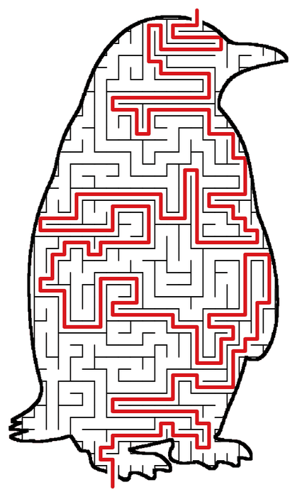 Solved Penguin maze, the way through marked in red