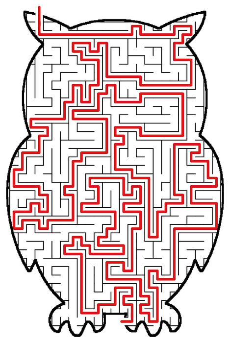 Solved Owl maze, the way through marked in red