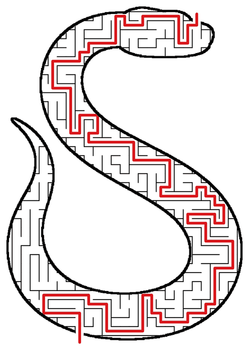 Solved Snake maze, the way through marked in red