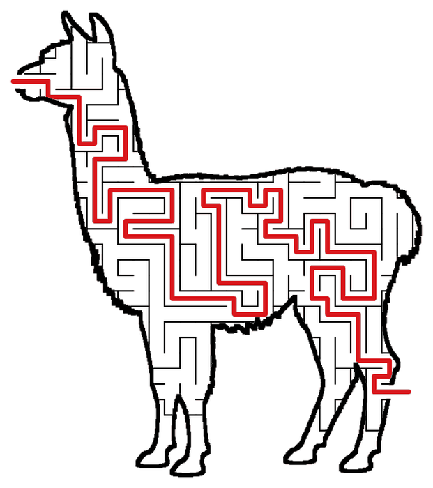 Solved Llama maze, the way through marked in red