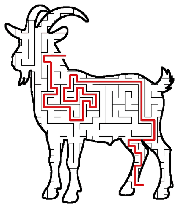 Solved Goat maze, the way through marked in red