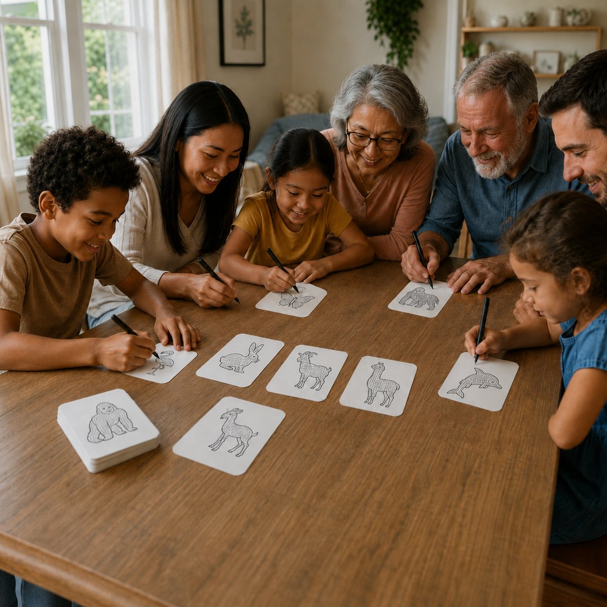 Three generations of a family solving maze cards together at a dining table